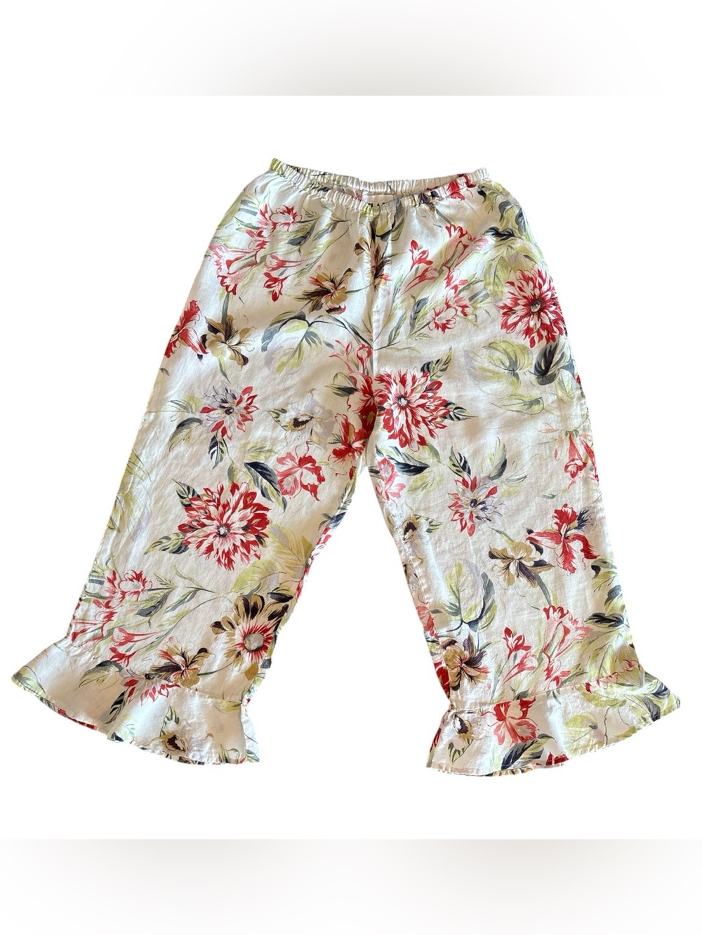 FLAX Floral Ruffle Hem Linen-Blend Pants - Cream with Red Flowers